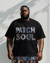 Men's Plus Size Street Fashion Denim Patching Patch Soul Letter Printed Short Sleeve T-Shirt Shorts Suit
